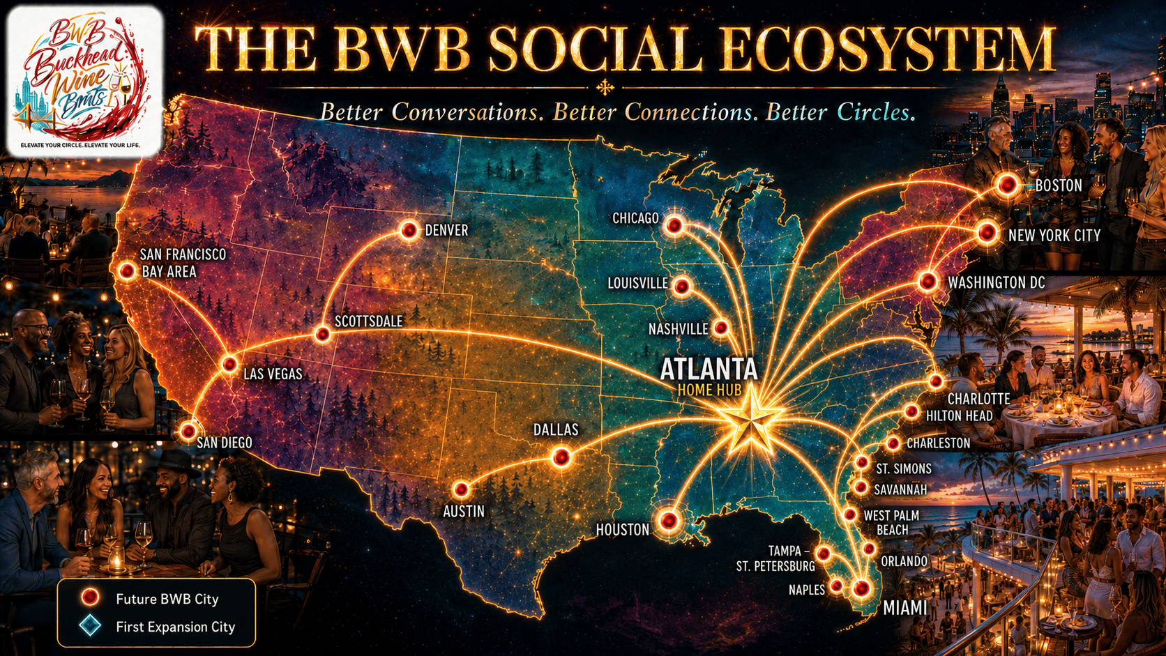 BWB national social ecosystem map showing Atlanta as the Home Hub, Miami as the First Expansion City and possible future communities across the United States.
