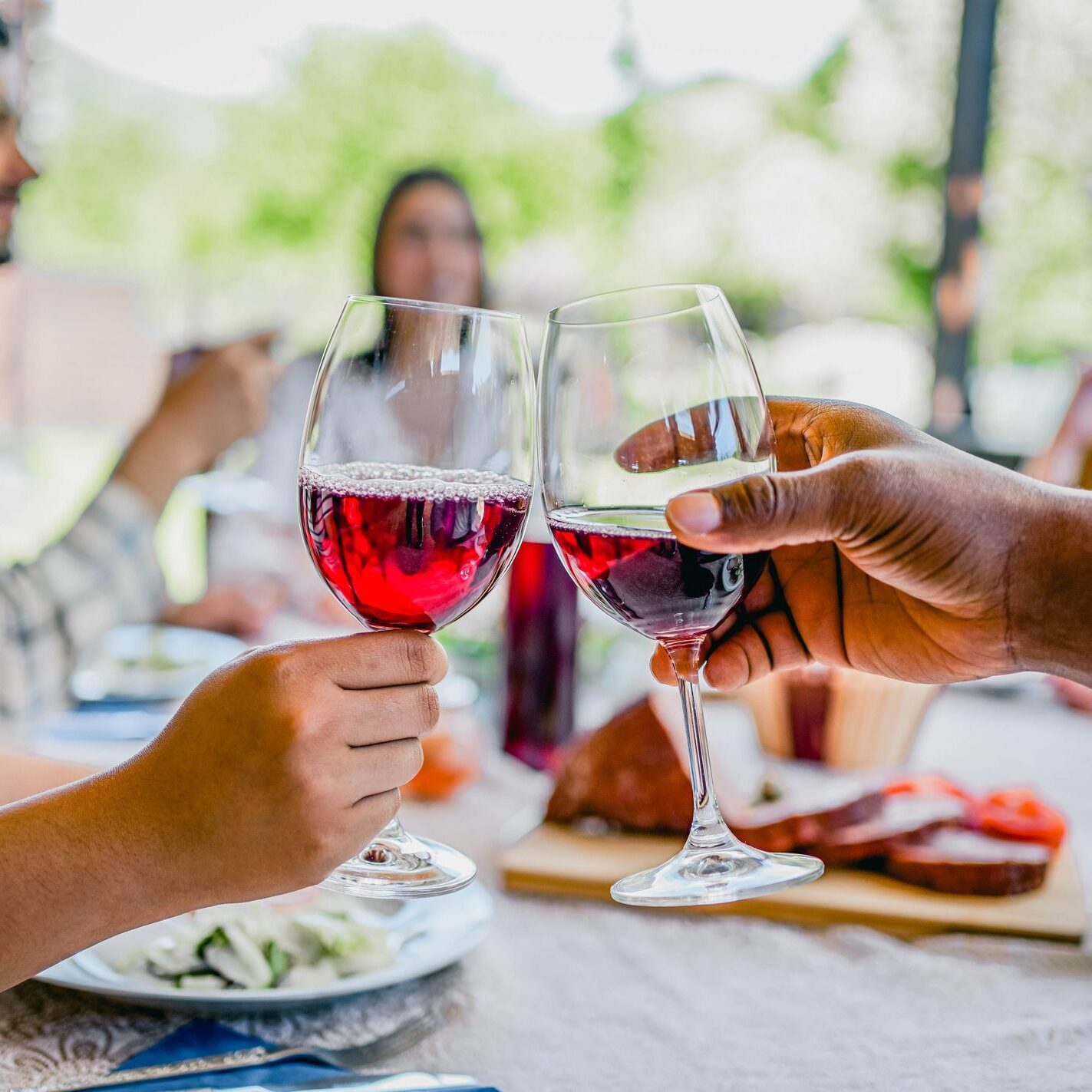 Buckhead Wine Brats friends toasting with wine at a backyard gathering
